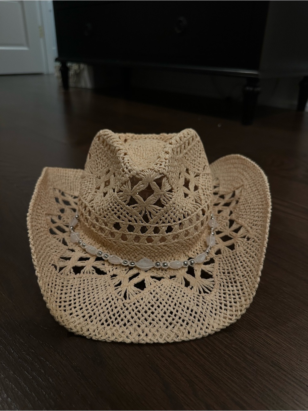 Women’s Straw Cowboy Hat with Beaded Trim - Beige